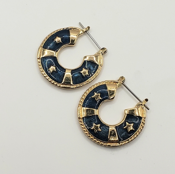 Western Gold and Navy Star Hoops Earrings - Picture 3 of 6